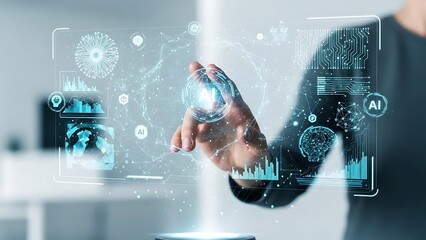 Person's Hand Interacting with a Glowing Sphere on a Futuristic Holographic Display, Visualizing AI Data and Advanced Technology Concepts for Future Innovation
