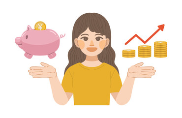 貯金が増えて笑顔になる女性のイラスト