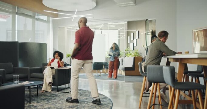 People, coworking and timelapse with creative workspace or busy team for project, tasks or agenda. Group, employees or designers working together in fast pace environment for productivity in office