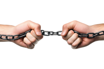 Chain's Grip: Two hands clench a metal chain, conveying themes of strength, connection, and restraint. The image is a striking depiction of power.