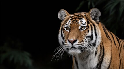 Majestic tiger portrait against dark background in natural habitat