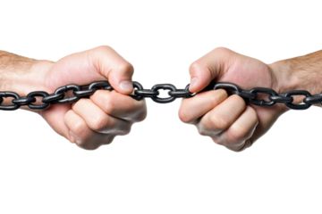 Hands Gripping a Chain: Close-up of hands firmly grasping a sturdy metal chain, its links interlocked. Capturing the tension and the challenge of strength and restraint.