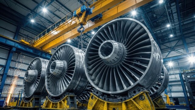 Fototapeta Industrial jet engine turbines in a factory with overhead crane and heavy machinery