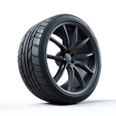 Obraz premium Large tire with black rim modern tread pattern automotive part isolated on white durable performance sleek circular rubber metal