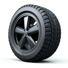 Obraz premium Large tire with black rim, deep tread, rubber texture, automotive part, isolated on white background, durable, modern design