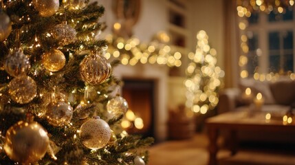 Fototapeta premium A beautifully decorated Christmas tree adorned with sparkling ornaments and soft glowing lights, creating a warm festive atmosphere in the cozy room.