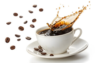 Coffee Splash with Beans,Coffee Cup Splash Isolated,Coffee Beverage,hite cup, saucer, flying coffee beans, roasted beans, hot coffee, black coffee, beverage, caffeine drink, liquid splash, motion free