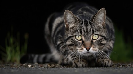 Intense Close-Up of a Cat in a Crouching Position Outdoors