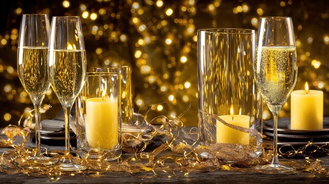 Festive dining table with golden spumante and candlelight in luxurious atmosphere. menu design, packaging mockups, designed for food delivery and cloud-kitchen brand materials.