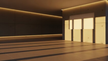 Warm modern corridor with long shadows across the floor and illuminated doors along the right wall