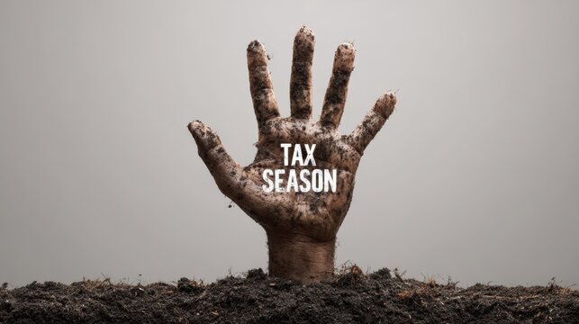 Hand emerging from dark soil with dirt and grime, symbolizing the stress of tax season and the challenges faced during financial obligations