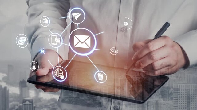Email icons show digital communication, email service, and inbox management. Email supports online messaging, email notification, and secure exchange. Funnel