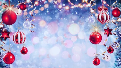 Blue Traditional Merry Christmas and Happy New Year Facebook Cover,  Christmas ornamentation with glittering, festive baubles & soft, ethereal lights, design for print, card, poster