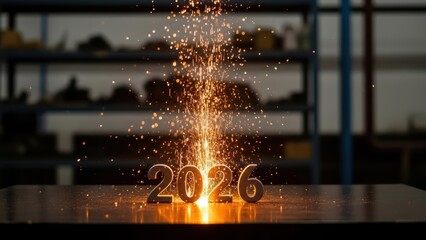 Sparks rise to form the year 2026 over an industrial metal surface with orange glow