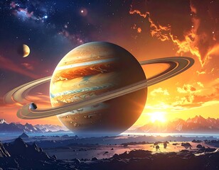 A ringed gas giant basks in a sunset over a rocky, alien landscape with two moons