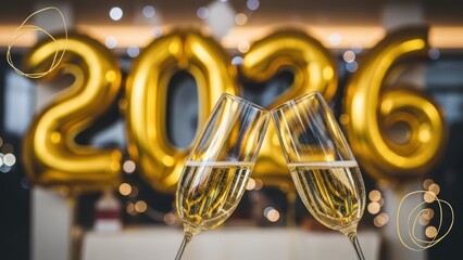 Golden New Year 2016 celebration with clinking champagne glasses and balloons