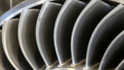 Close up view of curved metallic turbine blades forming a circular fan assembly