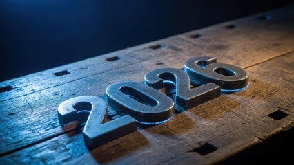 Shiny metal 2018 digits on a wooden table bathed in blue lighting on a rough surface