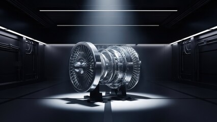 Futuristic jet turbine displayed on pedestal in dark showroom under spotlight