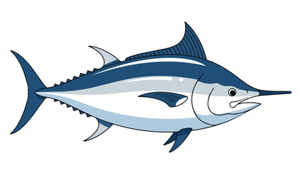 Obraz premium Dynamic illustration of a majestic blue marlin with sleek fins and a pointed bill, captured in a simple cartoon style