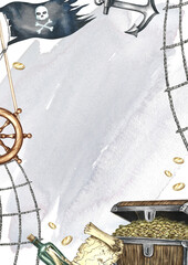 Pirate theme frame. Hand-drawn watercolor illustration. Treasure chest, steering wheel, anchor, pirate flag. On a gray watercolor background. For postcards, posters, flyers, and more. © ANTONINA MASLOVA