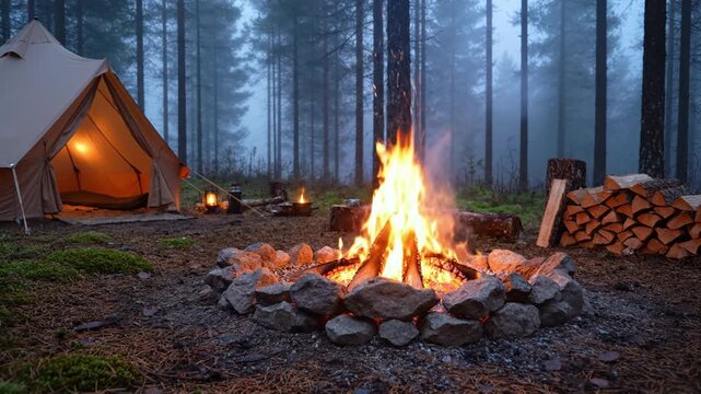 Cozy campfire forest tent pine tree foggy morning warm flame by stone fire ring rustic woodland mist, tranquil campsite dusk sky as glowing flame warms campers, serene outdoor escape through night
