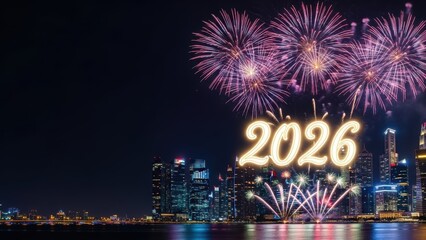 Fireworks Over City Skyline Illuminates Night With Bright 2026 Numeral Display