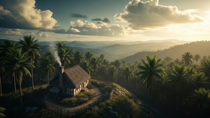 Aerial view of a thatched hut on a tropical hillside with palm trees and sea at sunset