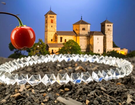 A red berry hangs over a crystal ring, with a church-like structure in the background