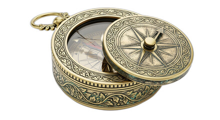 Antique brass pocket compass with ornate engraved details and open lid on transparent background