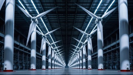 Industrial hall with large wind turbine blades lining a modern warehouse corridor