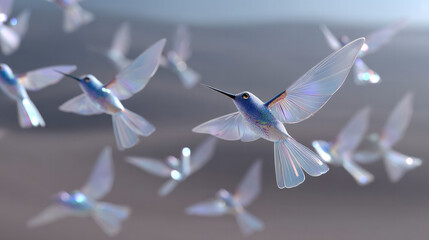 Obraz premium Iridescent hummingbird flock flying in soft light, translucent wings shimmering, ethereal atmosphere, peaceful and dreamy scene