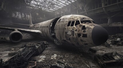 Fototapeta premium Ruined airplane wreckage in derelict hangar
