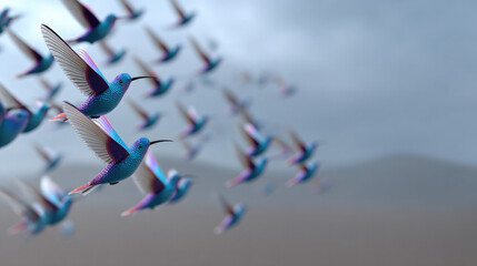Obraz premium Flock of vibrant blue hummingbirds flying in sky, dynamic movement, natural wildlife, freedom, and energy in nature