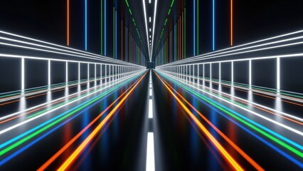 Futuristic neon light tunnel with bright color lines forming a vanishing point