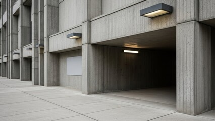 Brutalist concrete building exterior with geometric columns and open underpass entrance