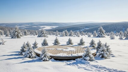 Snowbound cabin amid serene winter landscape with snow covered trees under a clear blue sky