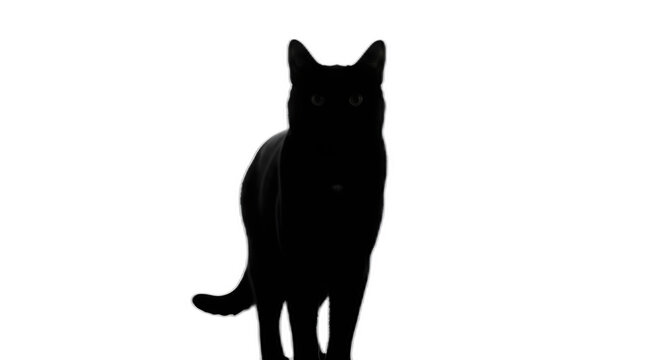 Mysterious black cat silhouette with glowing eyes stands against a stark in dramatic light on transparent background