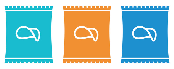 Chips potato icons, snack bag illustration, potato chips bag icon vector set in trendy flat style illustration isolated on white background.