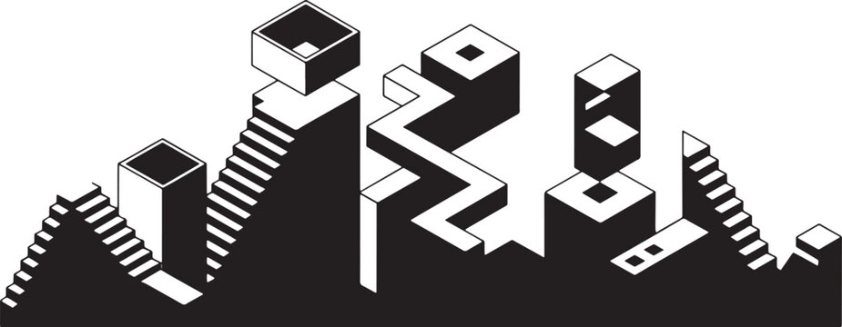 Abstract isometric building blocks formation creating surreal architecture design