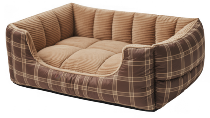 Brown and beige plaid dog bed with cushions isolated on a transparent background