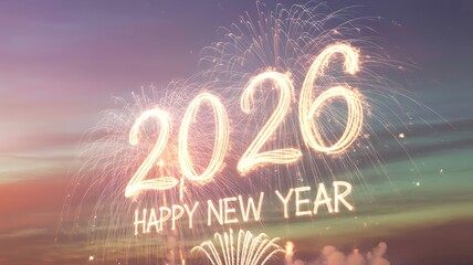 Fireworks spelling 2026 and Happy New Year against colorful sky background celebration
