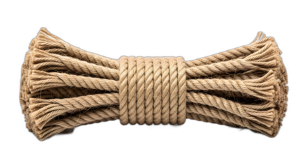Thick natural fiber rope tightly bound in the center against a stark object on transparent background