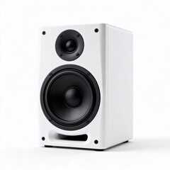 Fototapeta premium White studio monitor speaker with tweeter and woofer, ideal for home audio and hi-fi systems. Compact design for professional sound reproduction and music enjoyment.