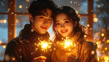 Couple celebrating New Year indoors, cozy warm lighting, holding sparklers, soft golden glow, subtle snow outside window, intimate romantic atmosphere, ultra-detailed, high-resolution stock illustrati
