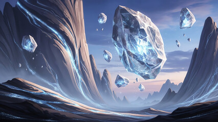 Ice Canyon Landscape with Floating Crystals