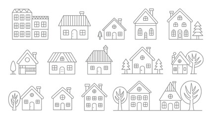 Fototapeta premium A collection of minimalist line art house icons showcasing various residential and commercial buildings
