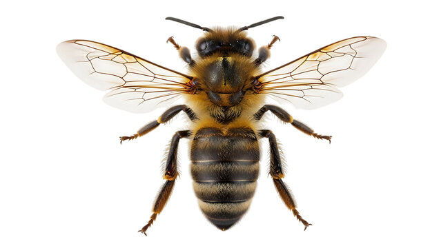 Detailed honey bee from top view, isolated on transparent background, important for pollination.