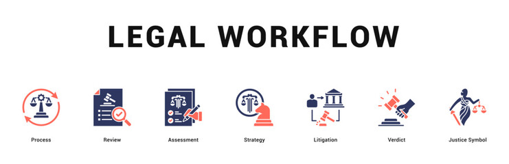 Legal Workflow Modern and clean web banner illustration featuring thematic icons for visual communication