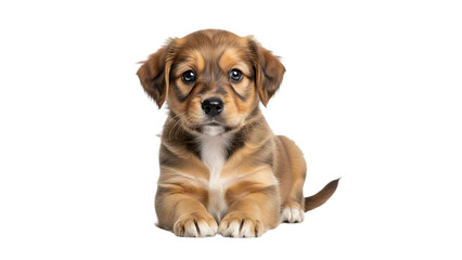 Cute brown and white puppy dog lying down, isolated on transparent background, adorable pet.